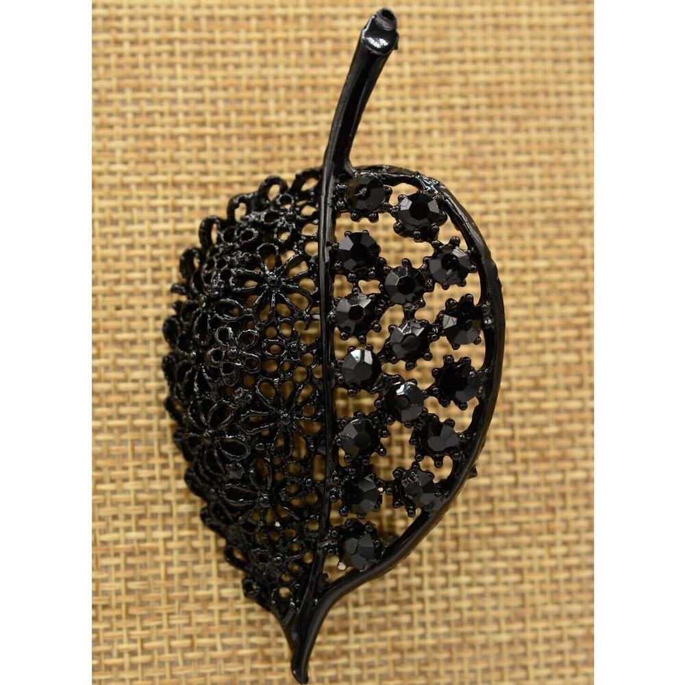 Vintage Crystal Leaf Pin Brooch Black Rhinestone Metal Filigree 80s 1980s BinAC
